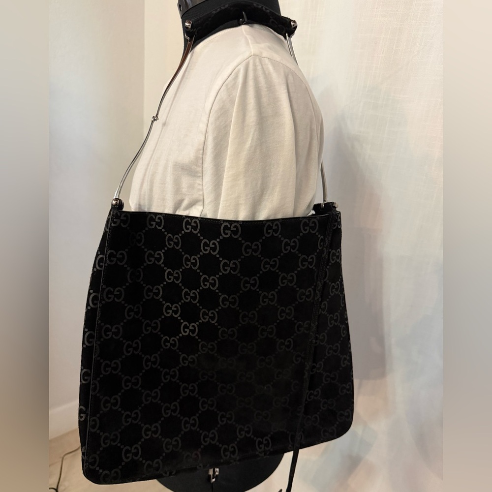RARE Vintage Gucci Black Suede Monogram Metal Horsebit Strap Hobo Bag - Picture 5 of 17